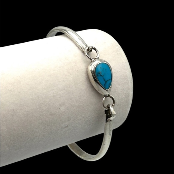 925 Sterling Silver and Turquoise Bangle Bracelet 7” Taxco - Picture 9 of 12